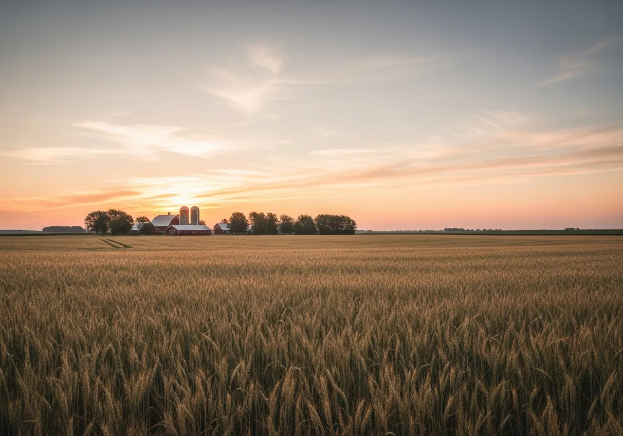 Golden wheat field and a small farm under a wide sky at dawn