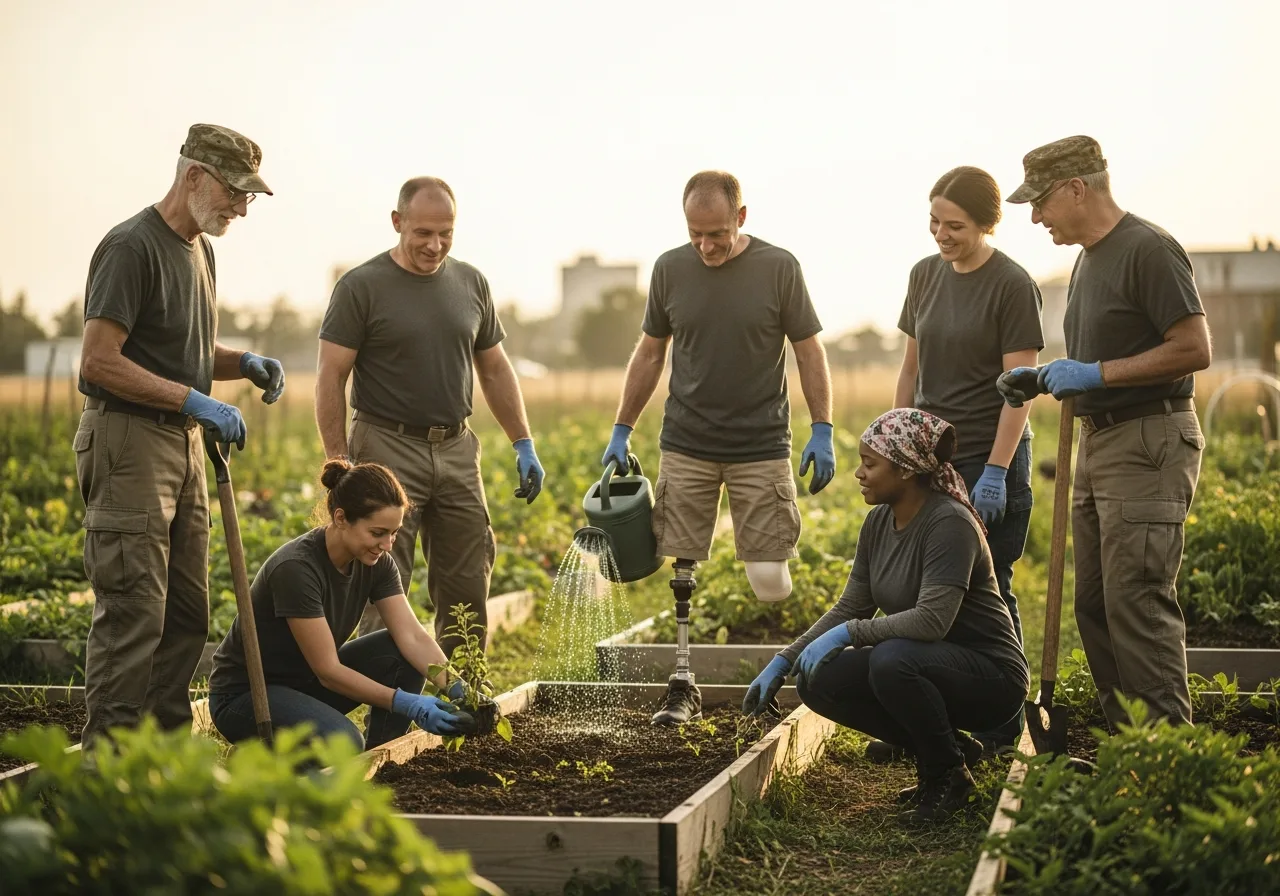 A diverse group of American military veterans volunteering together in a community garden